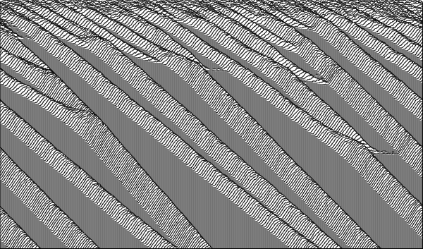 Numerical output from a cellular automaton dune model drawn in black and white